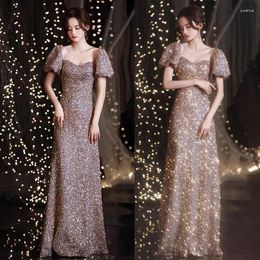 Party Dresses It's Yiiya Champagne Sequins Boat Neck Floor-Length Lace Up Short Sleeves Mermaid Simple Formal Dress Woman A2845