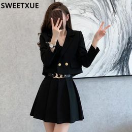 Work Dresses Temperament Retro Sets Black Short Blazer Jacket Long Sleeve Cardigan Slim Top Mini Pleated Skirt Chic Sweet Korean Outfits