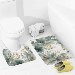 Bath Mats Bathroom Rugs Sets 2 Piece Gold And Green Leaves Absorbent U-Shaped Contour Toilet Rug