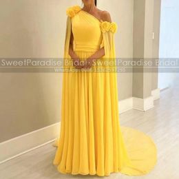Party Dresses Gold Yellow Chiffon Evening Dress With Flowers One Shoulder Cloak Cape Long Pleat A Line Reception Gown
