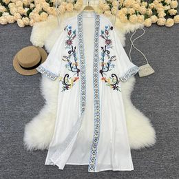 Vintage Loose Oversize Long Sleeve Dresses Cotton Floral Embroidery Bikini Cover Ups Women Robe Boho Beach Wear Kaftan