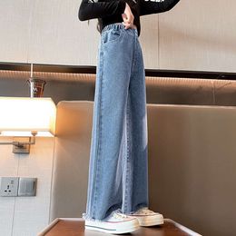 Girls Wide Leg Pants Blue Fashion Loose All-match Teen School Kids Jeans Spring Elastic Waist Casual Child Trousers 12 13 Years