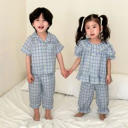 Summer Children Plaid Pajamas Suit Boy Girl Baby Thin Cotton Short Sleeve TopsShorts 2pcs Kid Cotton Homewear Pyjamas Set 240521