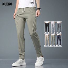 KUBRO Ice Silk Mens Pants Summer Black Grey Thin Business Casual Pants Outdoor Elastic Breathable Straight Leg Sweatpants 240513