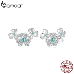 Stud Earrings BAMOER 925 Sterling Silver Dainty Clover For Women Green CZ Hypoallergenic Fashion Jewellery Gift BSE1026