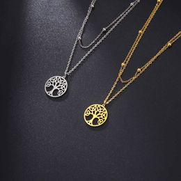 Witch Tree Necklace For Women Stainless Steel Celtic Knot Lotus Clover Pendant Double Chain Necklaces Jewellery Gifts