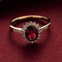 Gold Ruby Colour Ring Garnet Red Retro 100% S925 Sterling Silver Plated 18K Elegant Queens for Women Party Engagement 240521