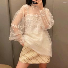 Women's Blouses Top Quality Sexy Transparent Mesh Shirt Puff Sleeve Silk Lining Blouse Office Ladies Sequins Embroidery Tops
