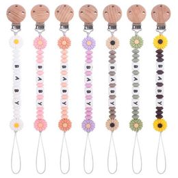 Pacifier Holders Clips# Personalised baby name round wood flower silicone bead pacifier chain for dental care toys Handmade dummy stand d240521