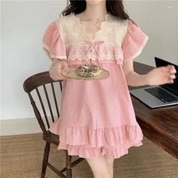 Women's Sleepwear Lace Embroidery Pajama Set Summer Home Suit Plaid Pink Blue Short Sleeve Tops Pyjamas Shorts Ruffles 2 Piece S072