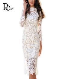 2016 Summer Women White Lace Dresses Bodycon Crochet Lace Long sleeve Midi Elegant Sheath Pencil Party Dresses S1471631762373