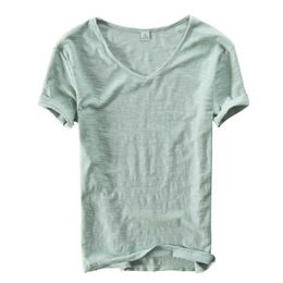 Men's T-Shirts Summer mens linen cotton short sleeved T-shirt V-neck top and T-shirt breathable and comfortable ultra-thin mens straight jump T-shirt S52133