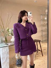 Work Dresses French Style Elegant Suit Tweed Coat High Waist Loose Half Length Skirt Purple Office Lady Small Two-piece Set Female Clothes
