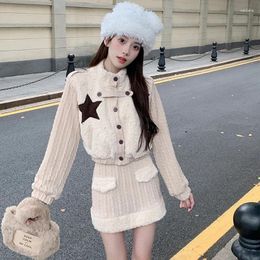 Work Dresses Sweet Girl Suit Women's Autumn Stand Collar Plush Coat High Waist A-line Short Skirt Two-piece Set Fashion Female Clothes