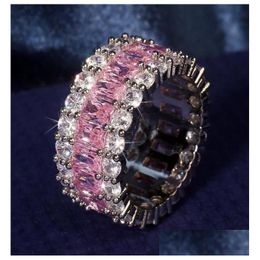 Cluster Rings Eternity Pink Sapphire Diamond Ring 925 Sterling Sier Bijou Engagement Wedding Band For Women Bridal Fine Party Drop D Dhe2M