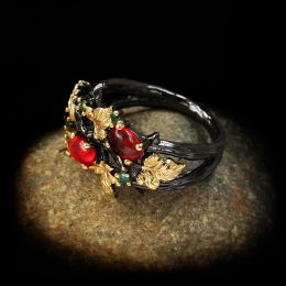 Band Rings New Exquisite Leaf Flower Color Zircon Ladies Womens Ring Jewelry Black Gold Two-Color Red Drop Delivery Otysz