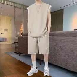 Men's Tracksuits Sports Suit Summer Casual Outfit Set Sleeveless Vest Wide Leg Shorts With Drawstring Waist Waffle Texture Sportswear For A