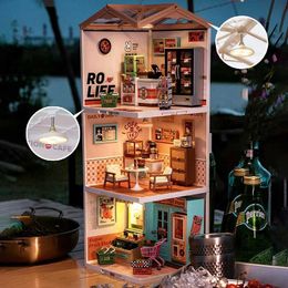 Blocks 3D Puzzle Mini House Coffee Shop Bookstore Convenience Store Assembly Toys and Lighting Collection Decoration Christmas Gifts H240521