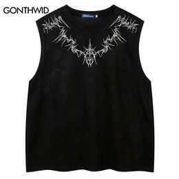 Vintage Suede Tank Top Y2K Embroidery Sleeveless Vest T-Shirt Streetwear 2024 Men Harajuku Hip Hop Loose Punk Gothic Tops Shirts 240521