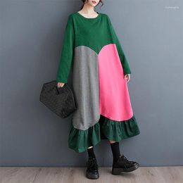 Casual Dresses 2024 Autumn And Winter Cotton Women Dress Korean Style Wild Ladies Loose Plus-size Stitching Long