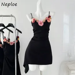 Casual Dresses Neploe Heavy V-neck Flower Camisole 2024 Sumemr Black Dress For Women Y2k Slim Waist A-line Vestidos De Mujer