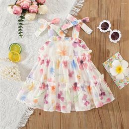 Girl Dresses Summer Girls' Dress Strap Chiffon Cool Beach Skirt Beautiful Fragmented Flower Ladies Fashion Bow Sleeveless