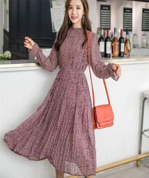 Casual Dresses Summer Dress Elegant ONeck Floral Print Women Full Sleeve Elastic Slim Waist Chiffon Aline Long Vestido8950564