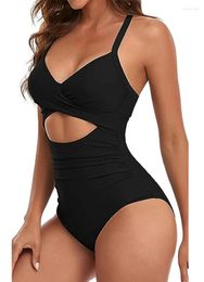 Women's Swimwear 20 Colours Sexy Cross Back One Piece Swimsuit Contrast Women Slim Monokini Patchwork Push Up Bikinis Hollow Front 2024