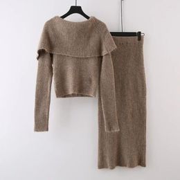 Work Dresses SuperAen 2024 Autumn/Winter Sexy One Line Neck Pit Stripe Knit Sweater Elastic High Waist Wrapped Hip Skirt Women's Set