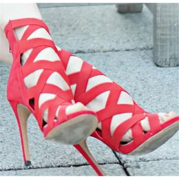 Summer New Fashion Women Open Toe Band Cross Stiletto Gladiator Back Zipper-up Red Blue High Heel 5e9