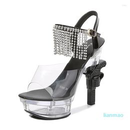 Dress Shoes Women Gun Heel Crystal High Sandals Summer Rhinestone Tassel Sexy Series 14cm 4cm Platform