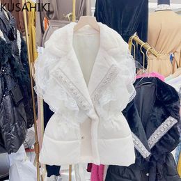 Women's Trench Coats KUSAHIKI Autumn Winter Fashion Diamonds Beads Lace Ruffle Patchwork Parka Waistcoat 2024 Slim Waist Parkas Vest Women