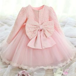 Baby Girls Long Sleeve Summer Party Wedding Lace Big Bow Dresses Infant Girl 1st Birthday Princess White Baptism Dress