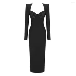 Casual Dresses 2024 Black V Neck Beading Mid-Calf Women Bandage Dress Bodycon Long Sleeve Clothes Sexy Club Party Evening Elegant