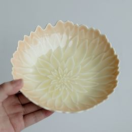 Retro Gradient Yellow Carving Lotus Petal Pot Bearing Plate Dry Bubble Tray Chinese Raising Zisha Pot Tea Tray Fruit Snack Plate