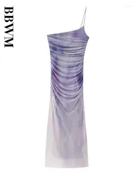 Casual Dresses 2024 Print Tulle Dress Woman Asymmetrical Long Summer Off Shoulder Midi Chic Female Vintage Sleeveless Strap