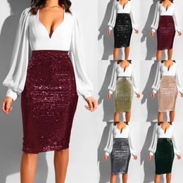 Skirts Sexy Shiny Sequin Skirt Women High Waist Glitter Gold Silver Stretchy Pencil Ladies Knee Length Party Club Midi