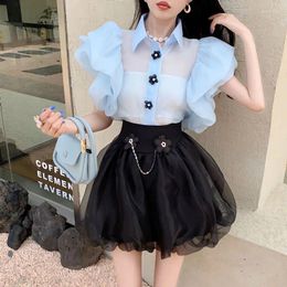 Work Dresses WDMSNA Suit Skirt Summer Puff Sleeve Ladies Shirt High-grade Ball Gown Slim Waist Mini Sweet 2 Piece Sets Womens Outfits