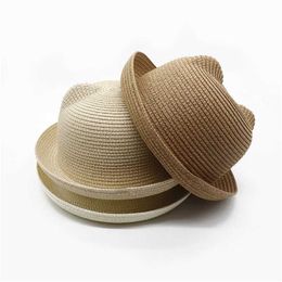 Caps Hats Cute baby hat with ears summer grass net girl boy childrens buckle baseball beach sun d240521