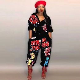 Women's Jumpsuits Rompers 2020 New Style Brand Fashion Hip Hop Style Women Jumpsuit Special Letter Turn Down Collar Half Sleeve Romper Jumpsuit Y240521