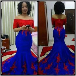 Red And Royal Blue Mermaid Prom Dresses South Aafrican Plus Size Women Evening Gowns Lace Appliques Off Shoulder Formal Party Dress 0521