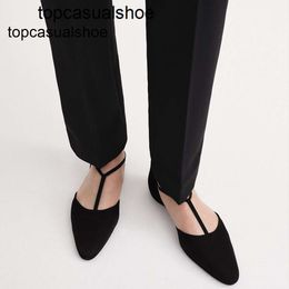 Toteme T-Strap Silk New Flat Black Heel Sandals with Pointed Hollow Baotou Spring/Summer Single Shoes