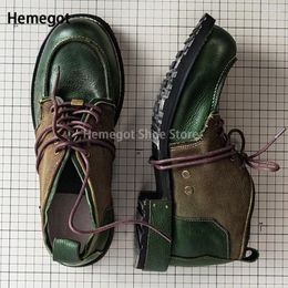 Casual Shoes Dark Green Handmade Derby For Men Brand Design Office Work Leather Mixed Colors Vintage Lace-Up Fashion Men's