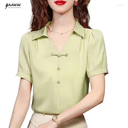 Women's Blouses NAVIU Summer Chinese Style Vintage Button Up Shirt Elegant Fashion Short Sleeve Jacquard Blouse Female V Neck Solid Tops