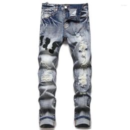 Men's Jeans Spring Summer Retro Blue Hole Punk Slim Stretch Printed Small Feet High Street Hip-Hop Fashion Casual