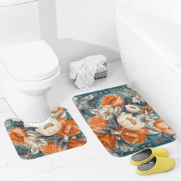 Bath Mats Bathroom Rugs Sets 2 Piece White And Orange Flowers Absorbent U-Shaped Contour Toilet Rug