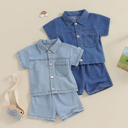 Clothing Sets Summer Toddler Baby Girl 2PC Clothes Set Turn-down Collar Short Sleeve Tops With Denim Shorts Suit Children Girls Outfits