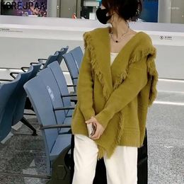 Women's Knits Korejpaa Knitted Cardigan Coat Women Autumn Winter 2024 Temperament Gentle Turn-down Collar Tassel Sweater Shawl Top