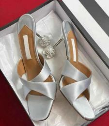 2024 Luxury Fashion Sexy Perfect Yes Darling Sandals Shoes Shiny Satin Disco Ball Heels Lady Open Toe Mules Slip On Pumps Sandalias Comfort Footwear