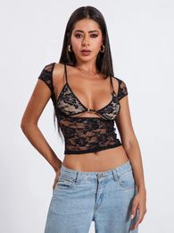 Women's T Shirts HzDazrl Women Short Sleeve Lace Top Sexy Y2k Floral Sheer Mesh Shirt Fairy Summer Club Going Out Slim Fit Crop Tops